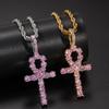 THE BLING KING Ankh Cross Pendant Pink Iced Cubic Zirconia Stones Gold Silver Color Necklace Colored Fashion Hiphop Jewelry
