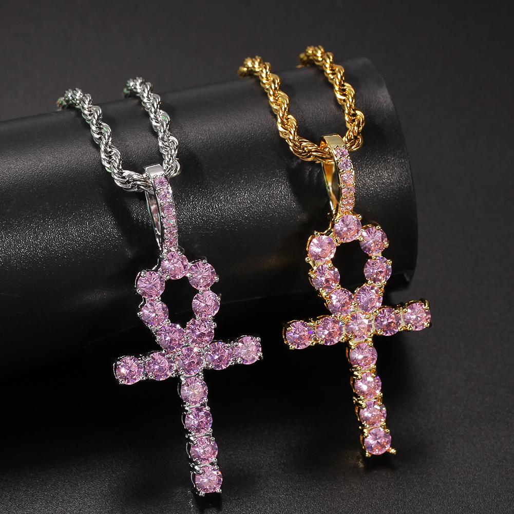 THE BLING KING Ankh Cross Pendant Pink Iced Cubic Zirconia Stones Gold Silver Color Necklace Colored Fashion Hiphop Jewelry