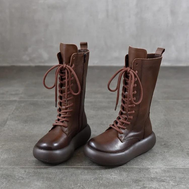 Johnature Genuine Leather Round Toe Thick Soled Mid-calf Boots Retro Lace Up Side Zipper Versatile Women's Boots
