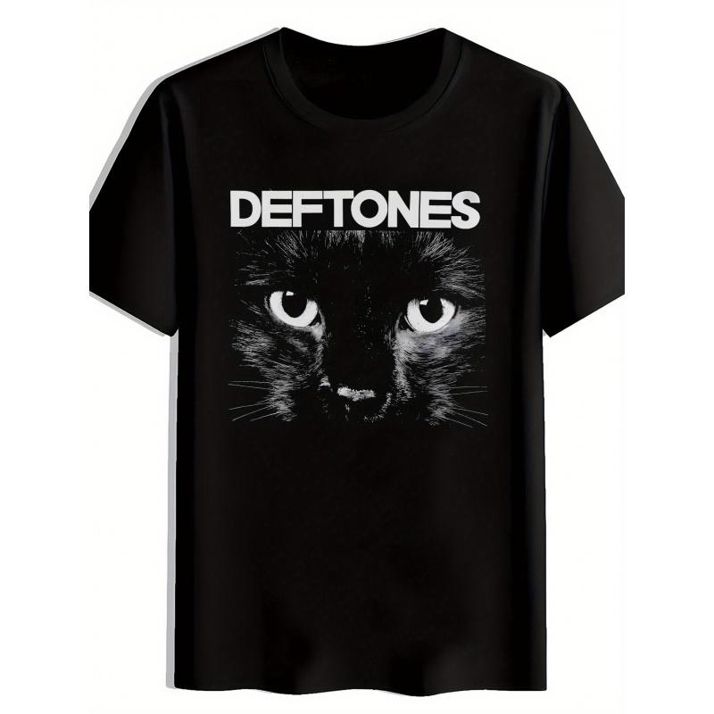 Men'S Vintage Defones Logo & Cat Face Graphic T-Shirt - 180gsm Lightweight Retro Rock Band Tee, 100% Short Sleeve Shirt for Concerts, Festivals,