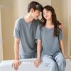 Couple Ice Silk Pajamas Set Summer Women Round Neck Short Sleeve Long Pants Men Shorts Seamless Homewear