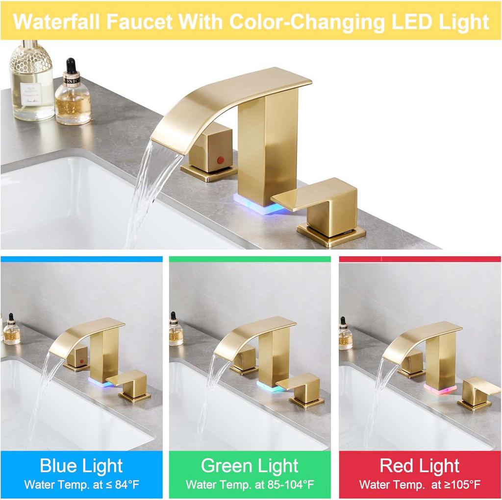 LED Waterfall Bathroom 3 Holes Basin Faucet, 2 Handles Cold Hot Water Mixers Sink Tap RGB Color Change Powered by Water Flow