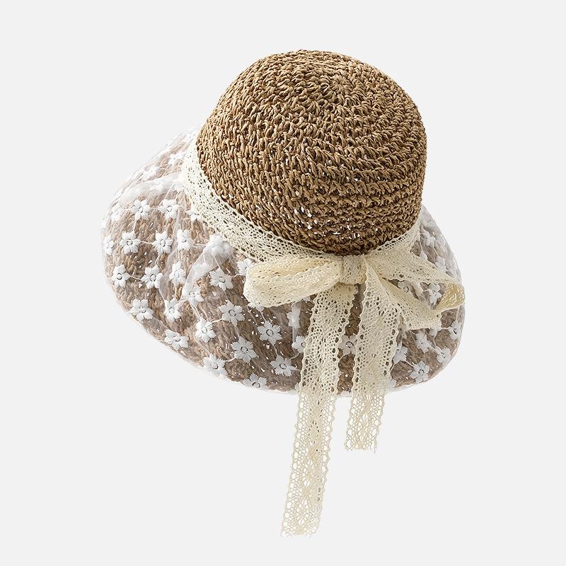 Hyunya Wind Colored Wood Beads Straw Hat Women's Summer Big Brim Straw Bucket Hat Foldable Seaside Sunshade Sunscreen Hat