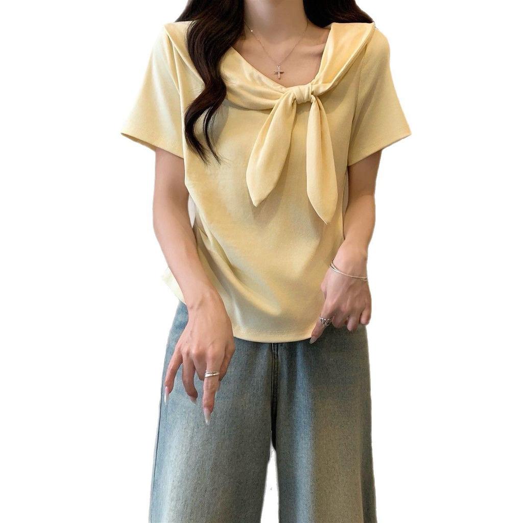 Navy Bow Collar Plus Size Short Sleeve T-Shirt - Women's Loose Fit Summer Top