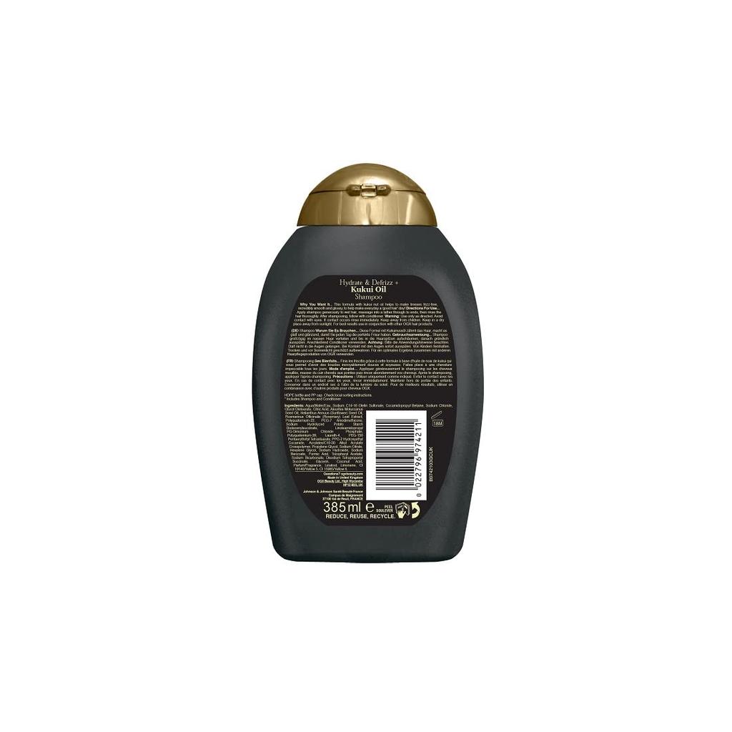 OGX Hydrate + Defrizz Kukui Oil Shampoo Combo | kukui nut oil infused blend helps create a shimmery glossy look and keeps the frizz & shine 385ml