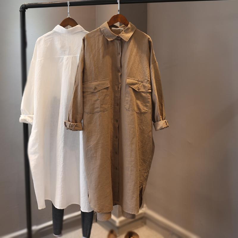 2023 Spring Plus Size Cotton & Linen Dress - Women's Loose Medium-Length, Long-Sleeved Shirt Dress