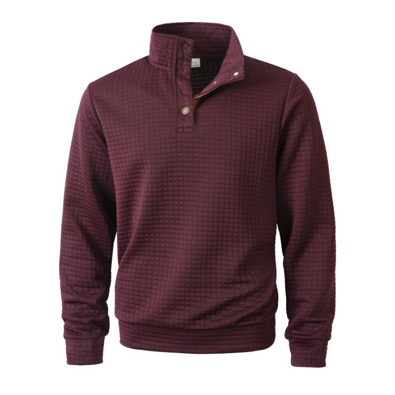 Mens Stand Collar Buttoned Waffle Grid Long Sleeve Casual Sweatshirt