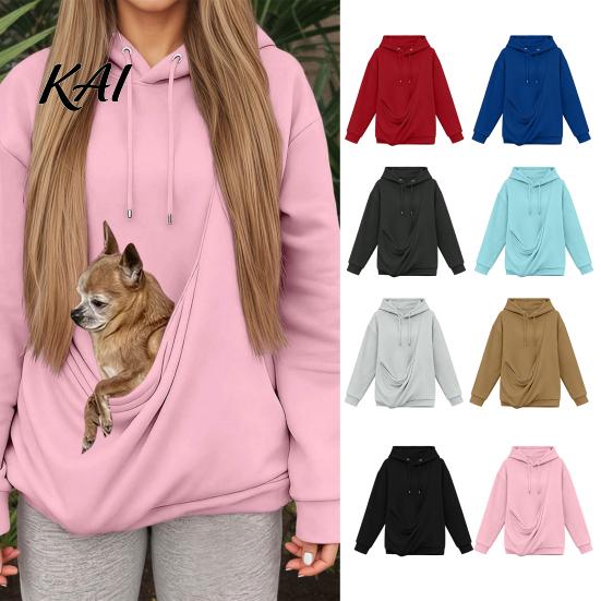 Fall Winter Hoodie Women Pet Pouch Hoodie, Oversized Hooded Sweatshirt with Kangaroo Pouch, Dog Cat Carrying Pullover Top for