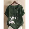 Autumn Vintage Cotton and Linen Printed Loose Casual Shirt with Short Sleeves for Women