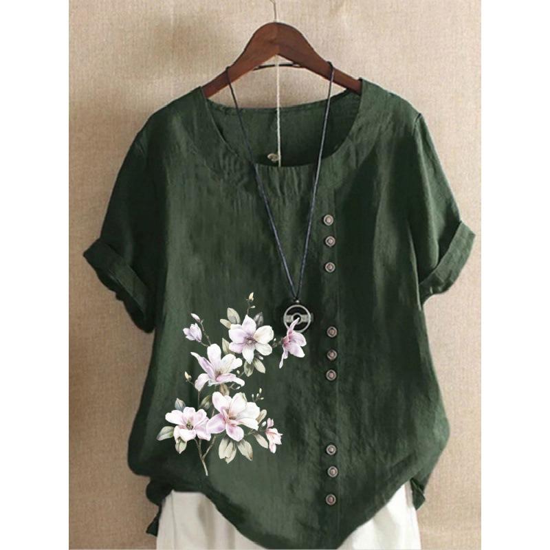 Autumn Vintage Cotton and Linen Printed Loose Casual Shirt with Short Sleeves for Women