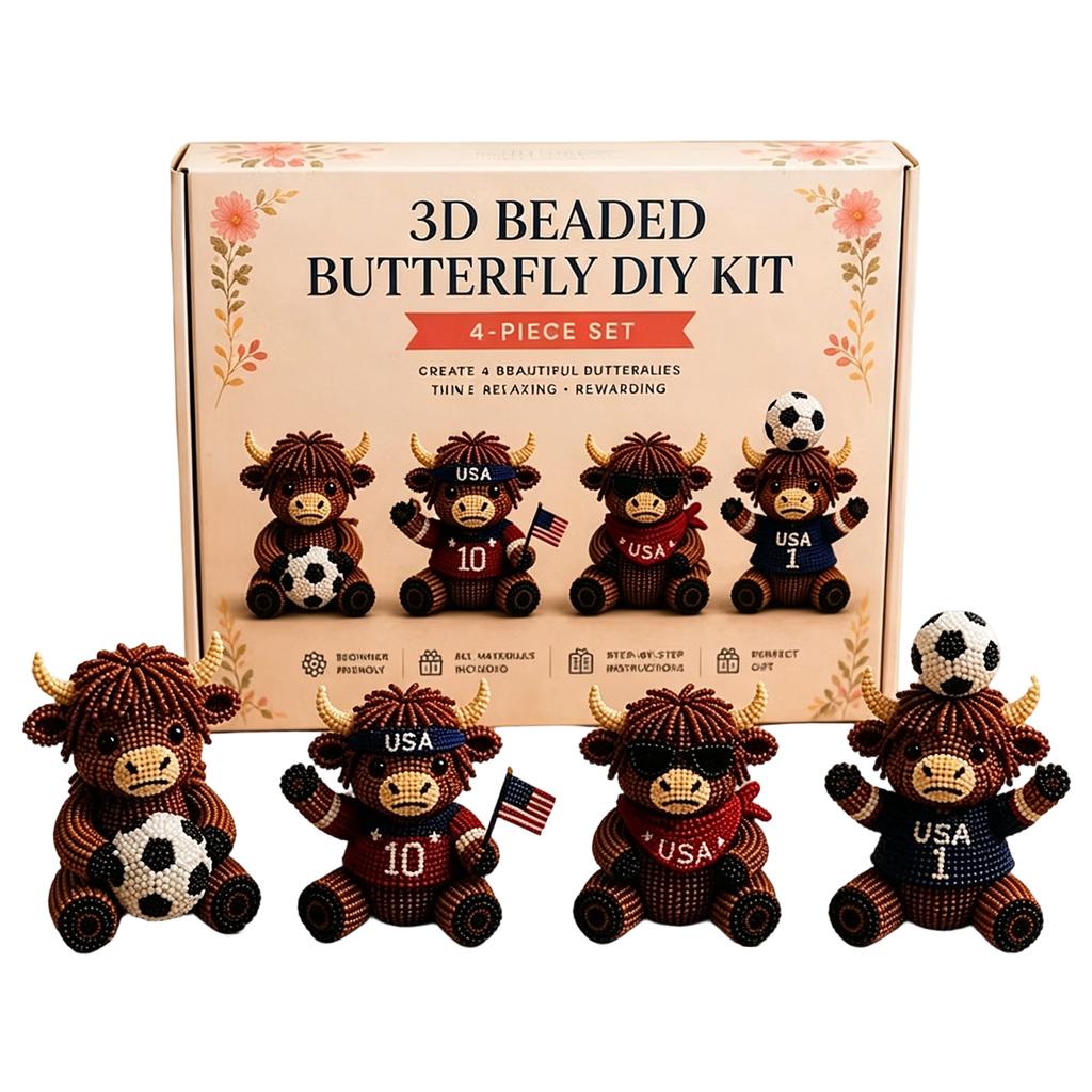 3D DIY Beaded Animal DIY Kit with 4 Cute Highland Cow Handmade Bead Art Kit Beads Making Kit for Beginners and Craft Enthusiasts