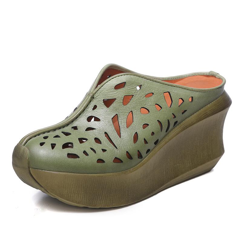 Fashion GKTINOO Women Leather Mules 9 CM High Heels Wedge Slippers Women Handmade Platform Genuine Leather Slippers Coffee Shoes 2024