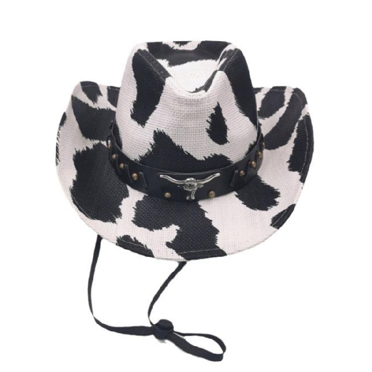 

Fashion Rolled Brims Cowboy Hat with Cow Pattern Woman Banquets Party Hat 1 чорний