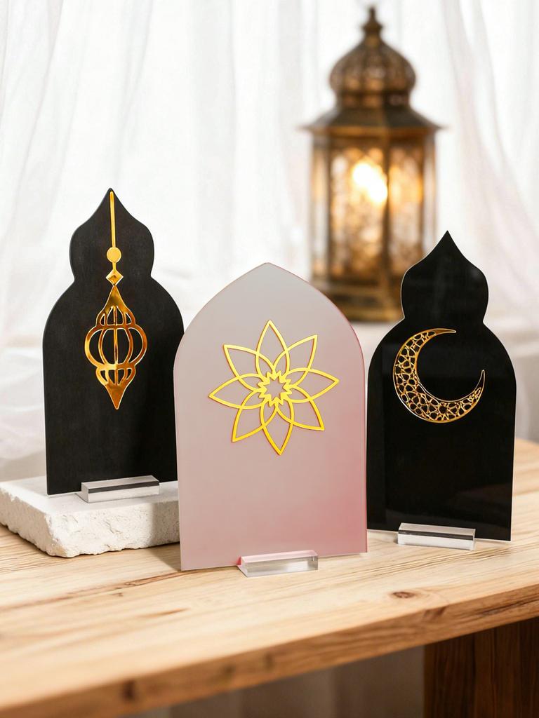 Islamic Ramadan Table Decor Lantern Moon Flower Acrylic Ornaments for Eid Mubarak Kareem Muslim Festival Home Desktop Decor Gift