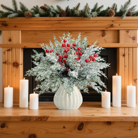 55/60Pcs Artificial Pine Branch Christmas Holly Berries Branch Faux Greenery Pine Needle Pick Fake Red Berry Stems Xmas Holiday Party Decoration