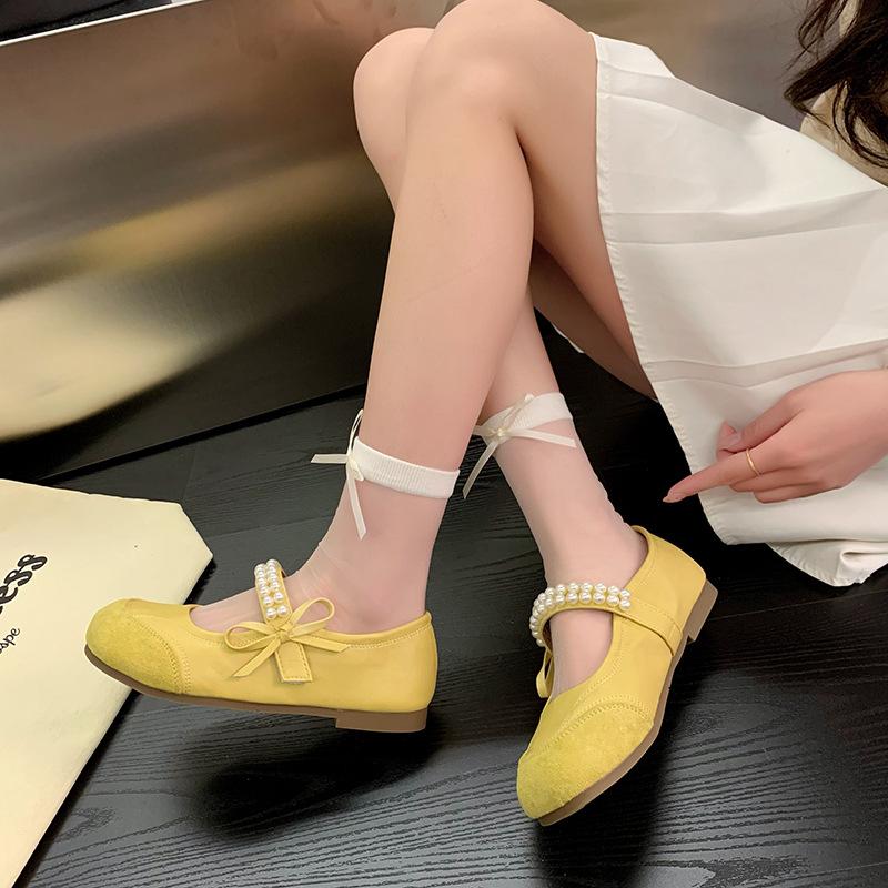 Fashion Mary Jane Single Shoe Women's Breathable Trendy Fashion 2025 New Autumn Round Toe Sweet Pearl Shallow Toe Flat Casual Bean Shoe