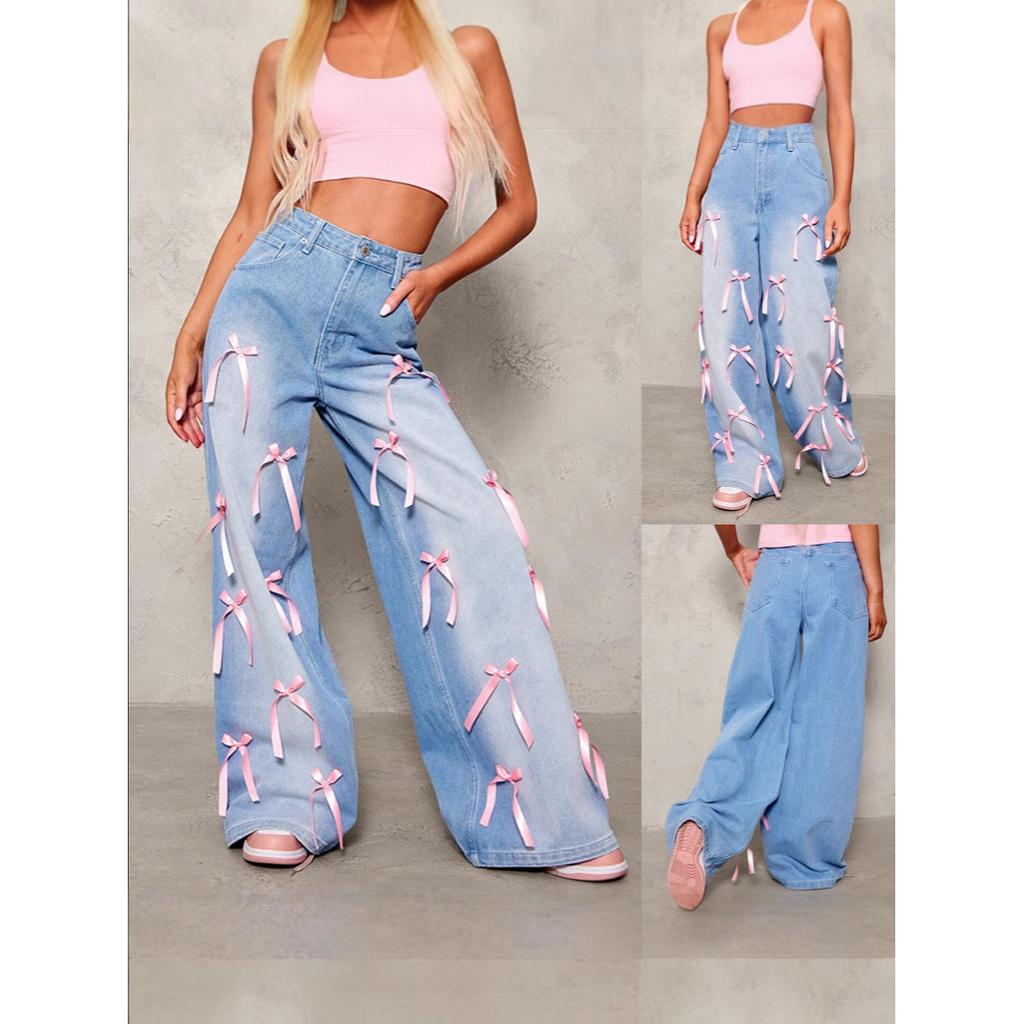 Damen Vintage High Waist Flared Jeans mit Schleifendetail und weitem Beindesign Retro Washed Denim Pants mit stylischen Taschen