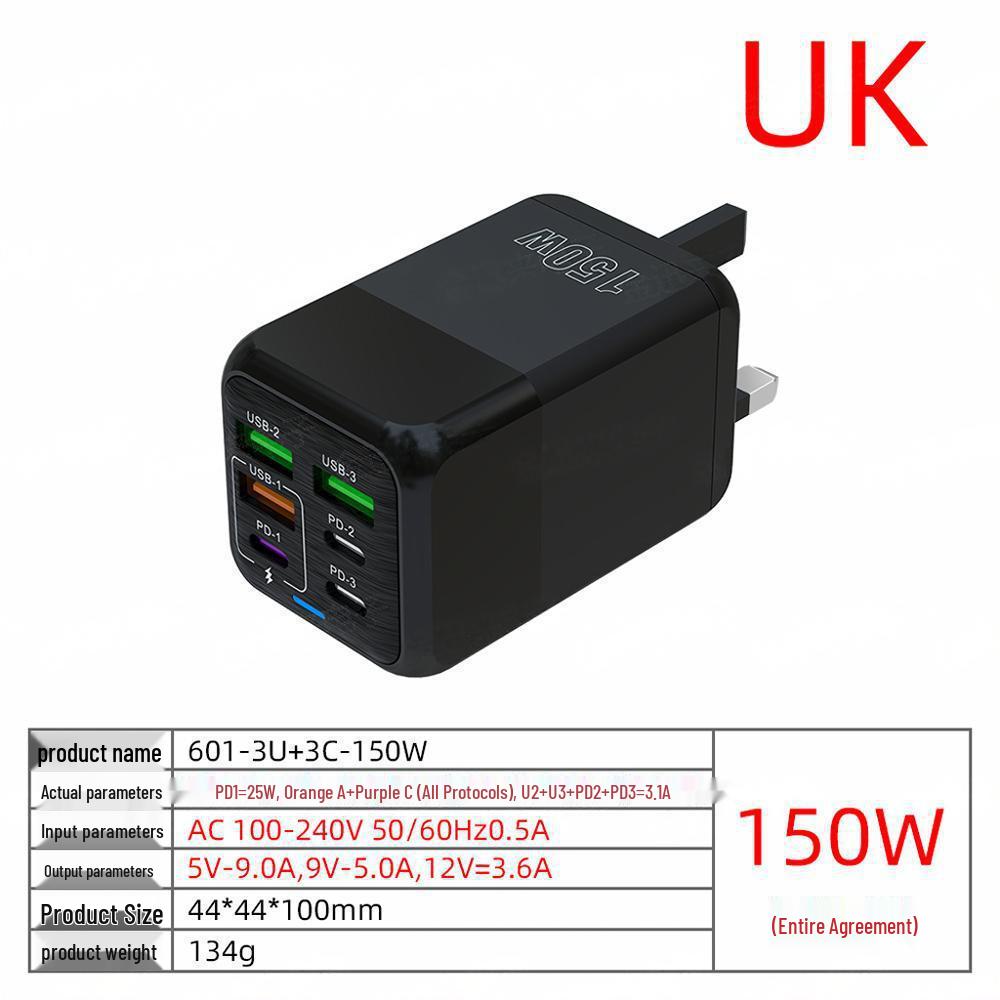 150W Multi-Port Charger: 3PD+3USB for Apple, Huawei, and More Fast Charging