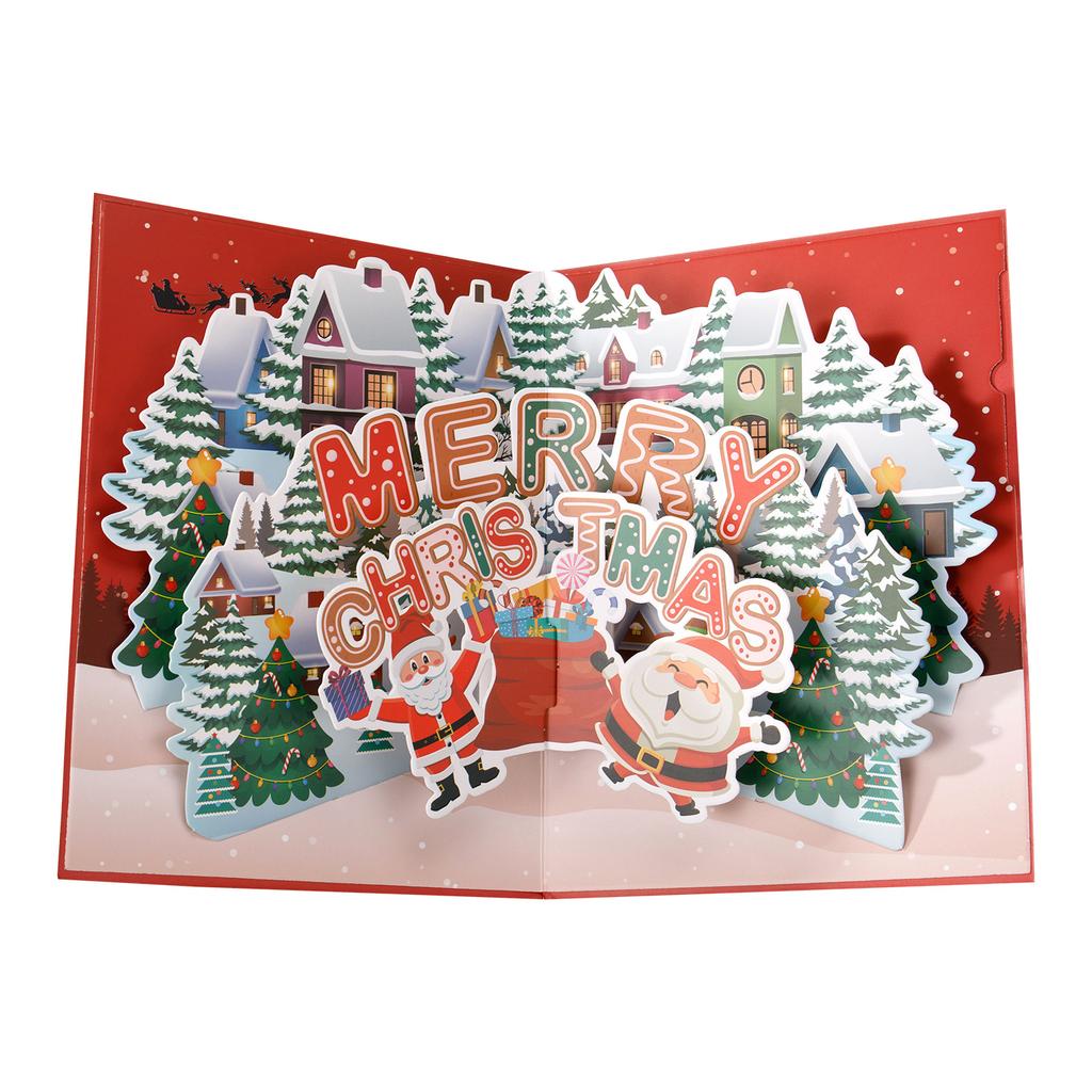 3D Christmas Greeting Card Pop Up Snow Village Night Scene Handmade Foldable Holiday Card with Envelope Christmas Gift Thank You Note