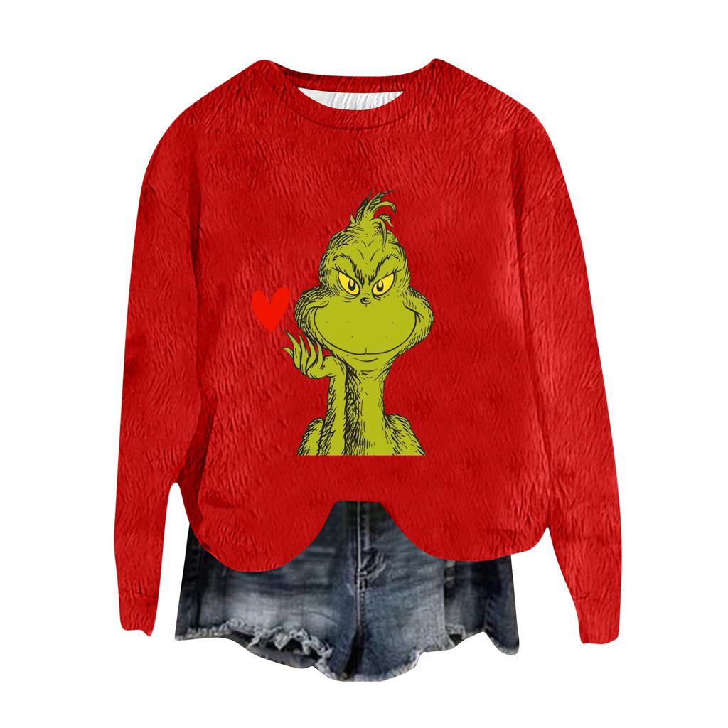 Women's Fashion Round Neck Pullover Top Long Sleeve Tee Christmas Printed Sweatshirt