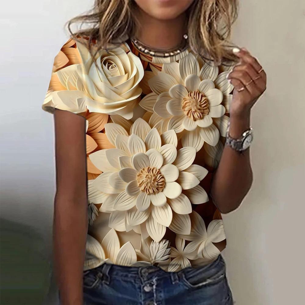 Fashionable and trendy sexy loose short sleeved T-shirt for foreign trade, new 3D digital printed elegant T-shirt for women, floral top 2863