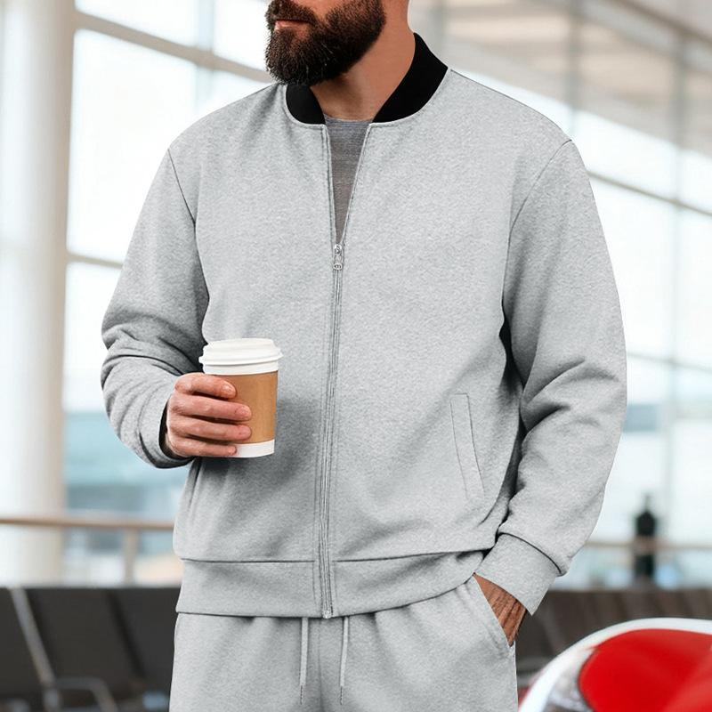

2026 New Autumn and Winter Men s Stand Collar Jacket Solid Color Casual Zipper Long-sleeved Top Jacket XXXL сірий