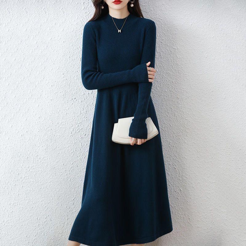 Autumn and Winter Knitted Dress for Women's Casual Mid-length Half Turtleneck Pullover Long-sleeved Sweater Dress