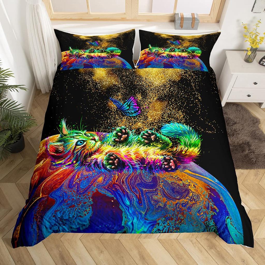 Rainbow Cat Duvet Covers For Kids Teens Girls Queen Lightweight Bedspread Cover Room Decor Kawaii Rainbow Ombre Cats Bedding Set