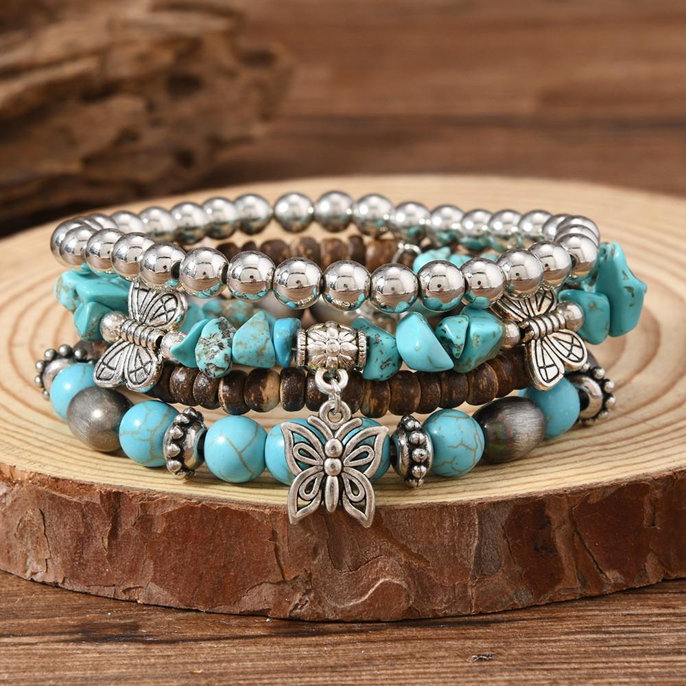 Türkis Schmuck, Damen Armbänder, Böhmische Türkis Retro Perlenarmbänder, Gestapeltes Set Armbänder.
