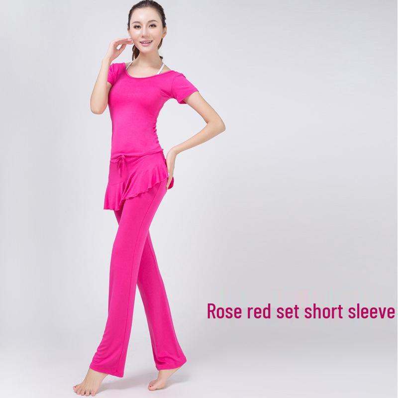 Women's Modal Yoga Set: Short Sleeve Top & Ruffle Hem Skirt with Chest Pad.