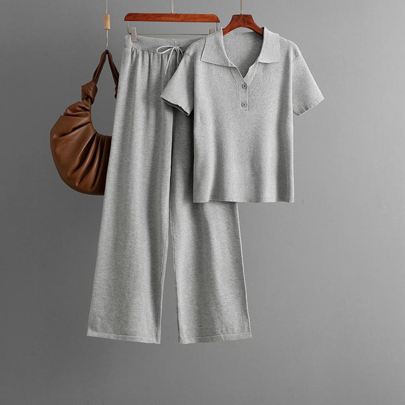 Olo Collar Ice Silk Knitted Fashion Suit Women's Summer New Temperament Button-shirt + Casual Pants Two-piece Set