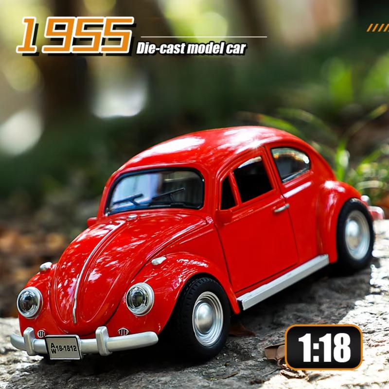 1:Käfer-Modell aus dem Jahr 1955 im Maßstab 1:18, klassisches Retro-Oldtimer-Modell, Druckgusslegierung, Autotür kann geöffnet werden, Ton und Licht, Zurückziehen, Miniaturspielzeug, Kindergeschenk