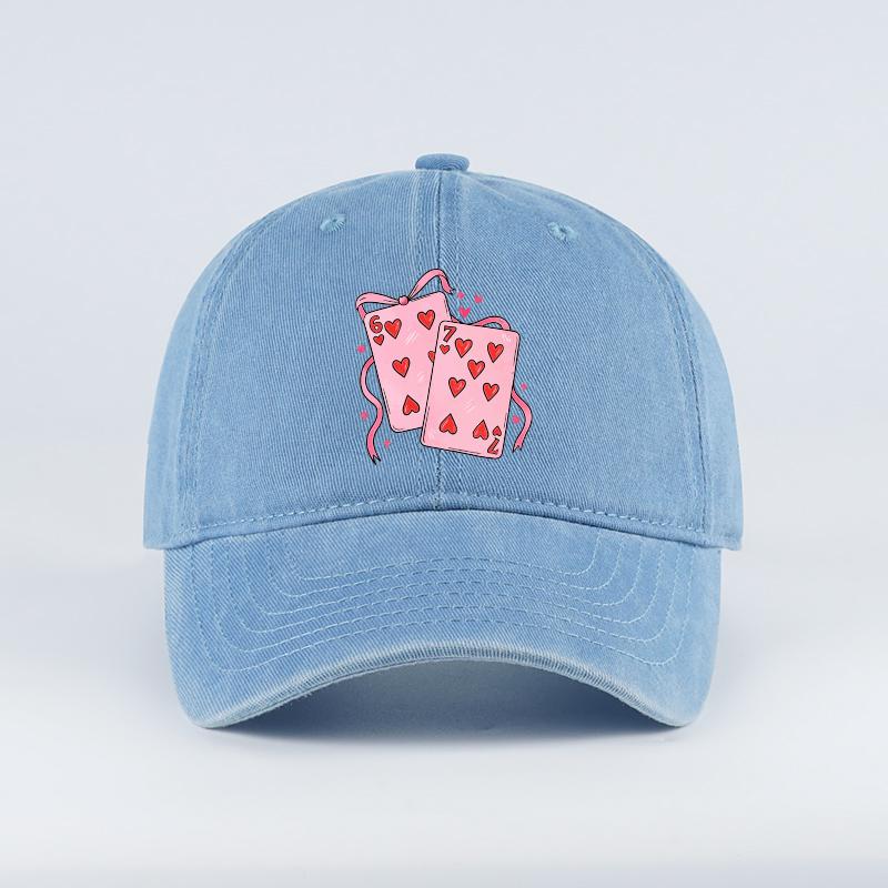 Red Heart Playing Card 67 Printed Washed Baseball Cap Soft, Comfortable, Breathable, Adjustable Sweet, Cool, Playful, Retro, Fas