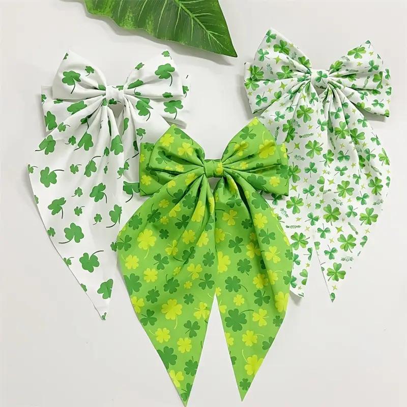 6-teiliges Set neu grün vierblättriges Kleeblatt Druck Schleifenband Streamer Federklemme Elegante Haarspange Frühling Haarschmuck