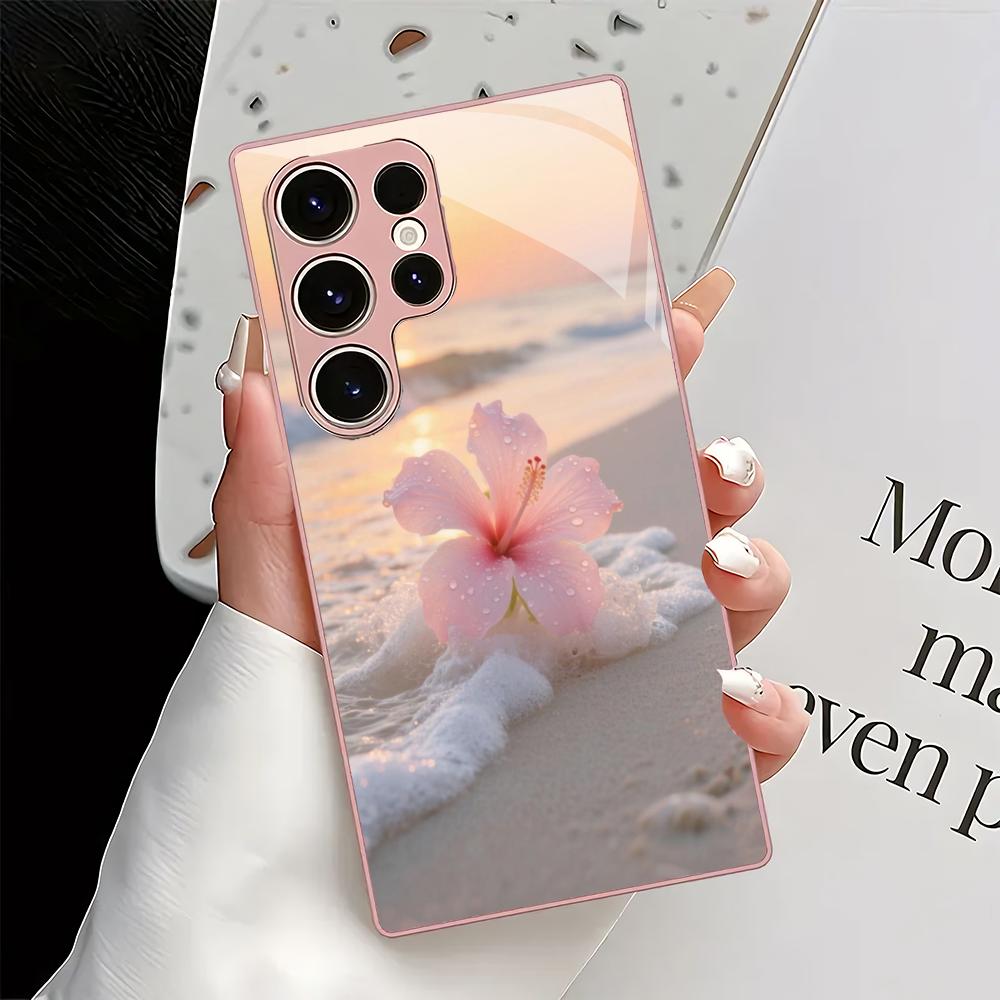Funda de cristal para teléfono con diseño de flor de playa adecuada para Samsung Galaxy S26 S25 S24 S23 S22 S20 FE/Ultra/Plus cubierta trasera a prueba de golpes
