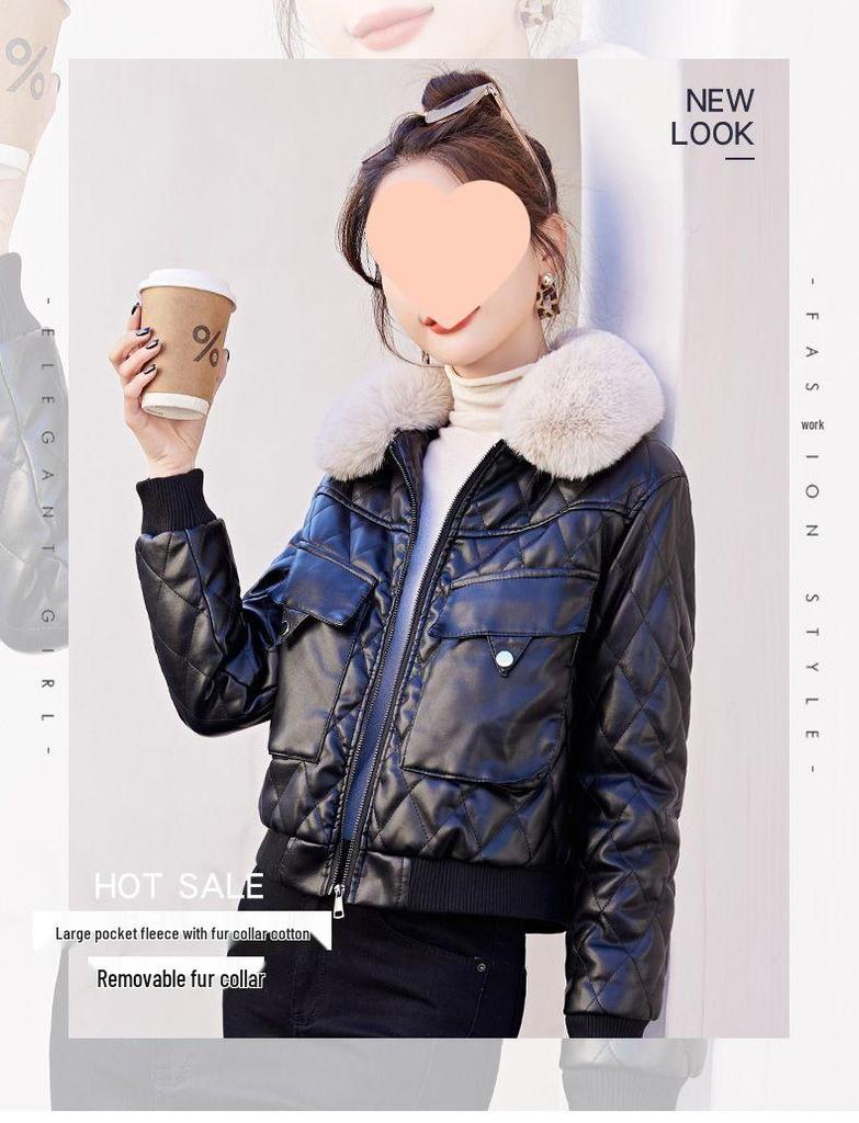 Women's Short Fleece-Lined Leather Motorcycle Jacket - Winter Fashion Cotton-Padded Coat