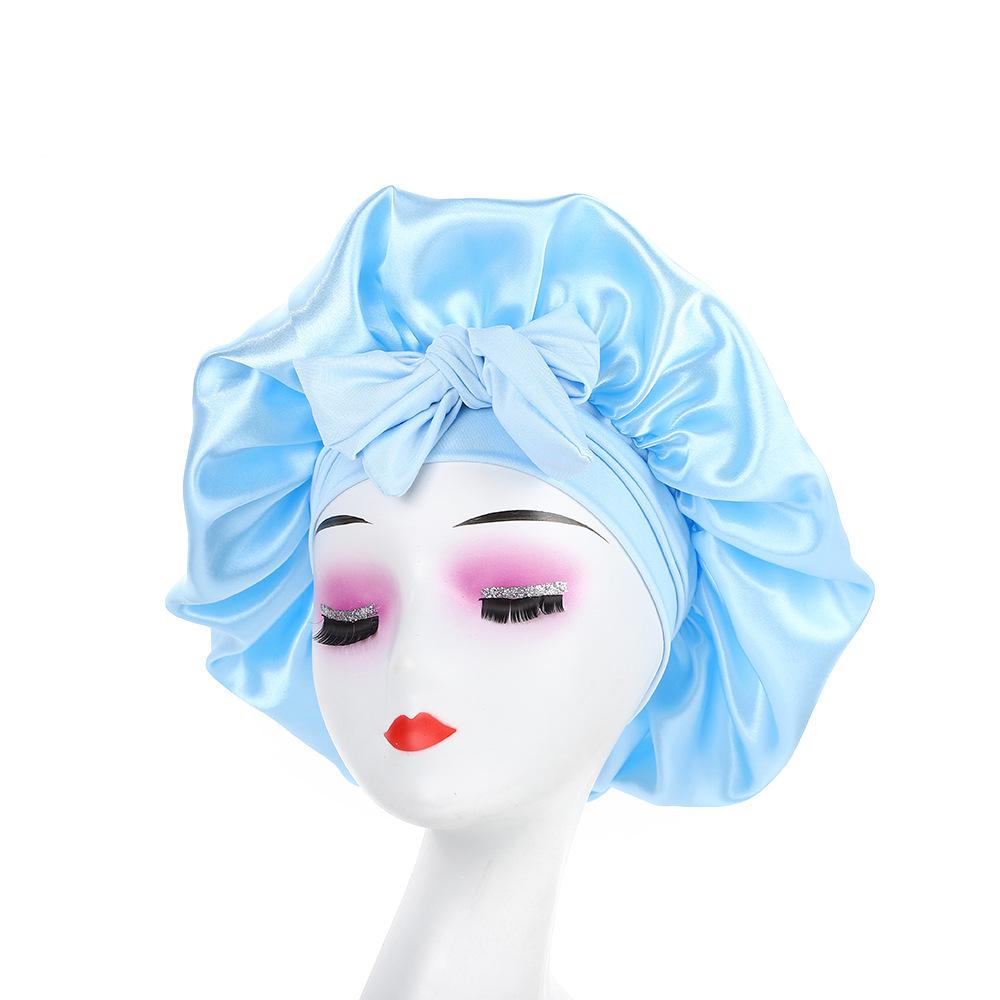 Leopard Print Wide Brim Sleep Cap with Bowknot - Faux Silk Hair Care Turban