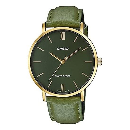 CASIO Quartz Mens Watch MTP-VT01GL-3B Gold Green Leather Band Overseas Model