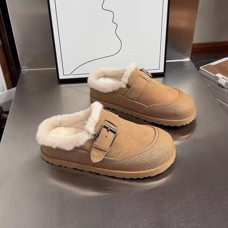 Baotou drag fleece women's shoes 2025 winter new soft-soled cork non-slip thick-soled fluffy slippers women's round head