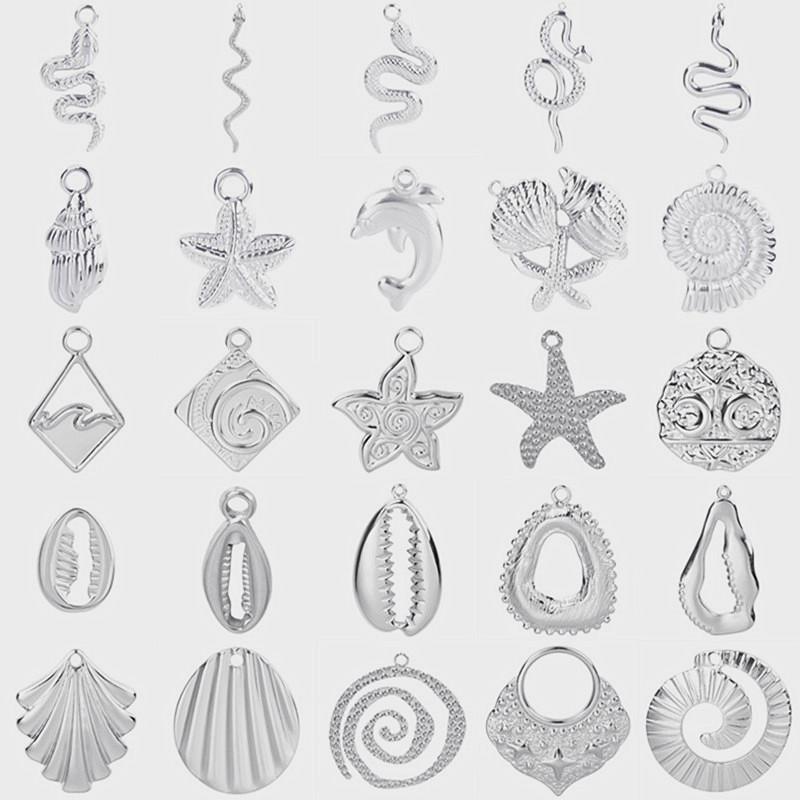 6Pcslot Sea Accessories Shell Conch Snake Pendant Stainless Steel Charms For Jewelry Making Bulk Diy Necklace Earrings Material