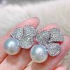 Three Leaf Clover Full Paved Zircon Imitation Pearl Stud Earrings