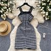 Autumn Winter Women Vintage Spaghetti Strap Houndstooth Tweed Party Short Split Dresses With Pocket