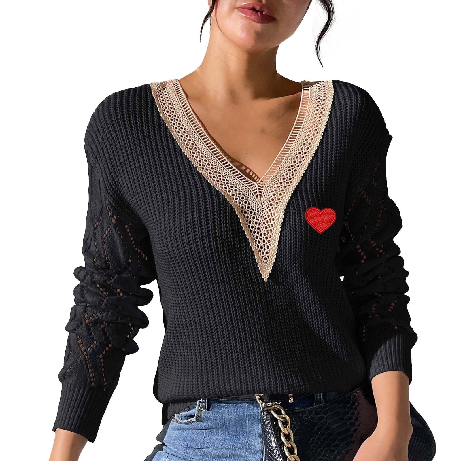

Женский свободный повседневный кружевной V-образный вырез с длинными рукавами вязаный пуловер свитер топ свитер топ XL чёрный