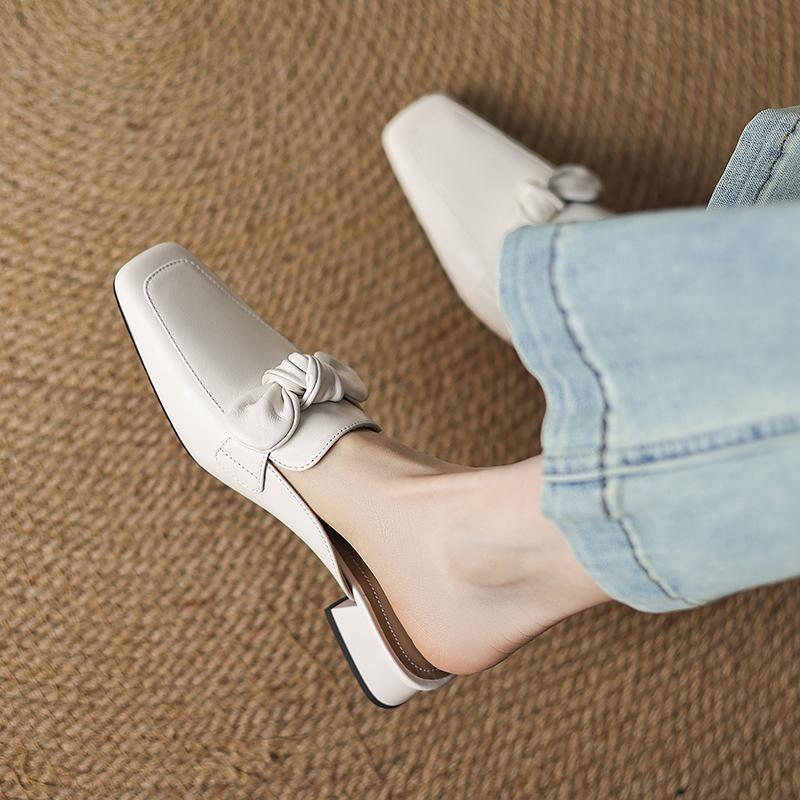 Fashion 2025 Women Shoes Genuine Leather Square Toe Women Sandals Solid Modern Sandals for Women Chunky Heel Bowknot Women's Mules Shoes