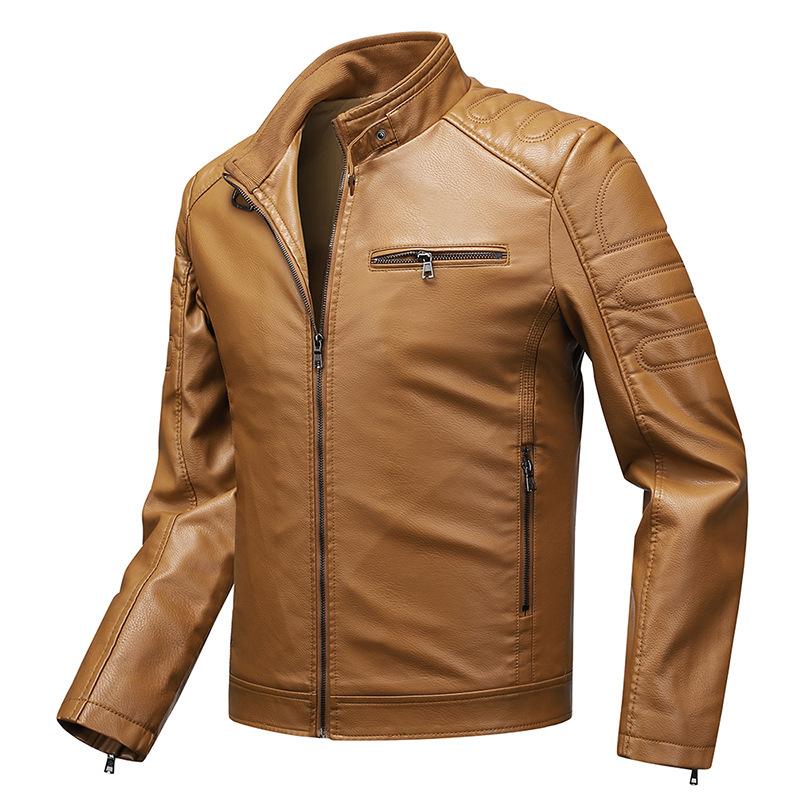 Leather Men's Slim Jacket Trendy Thin Jacket Men's Motorcycle Clothing Large Size Stand-Up Collar Leather Jacket