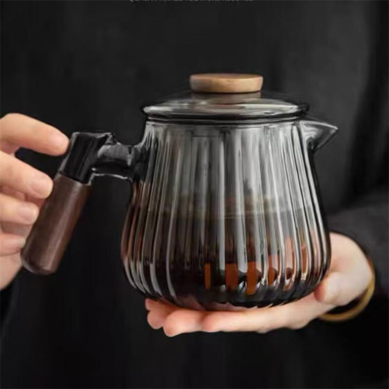 750ml Teekanne aus hitzebeständigem Glas mit Holzgriff und Streifenmuster, mit Siebfilter, zum Aufbrühen von Puer-Blüten-Tee, Kung Fu Teegeschirr