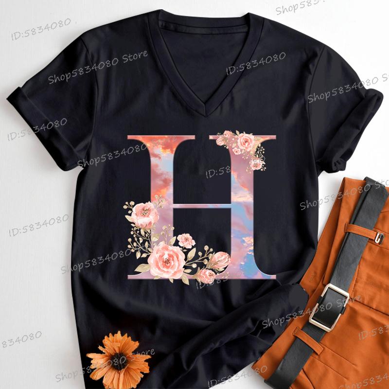 Womens Clothing Pink Flower Alphabet Classic Top Sky Alphabet Cartoon Tshirt FeUnisex Floral Letters A B C D Birthday Gift Shirt