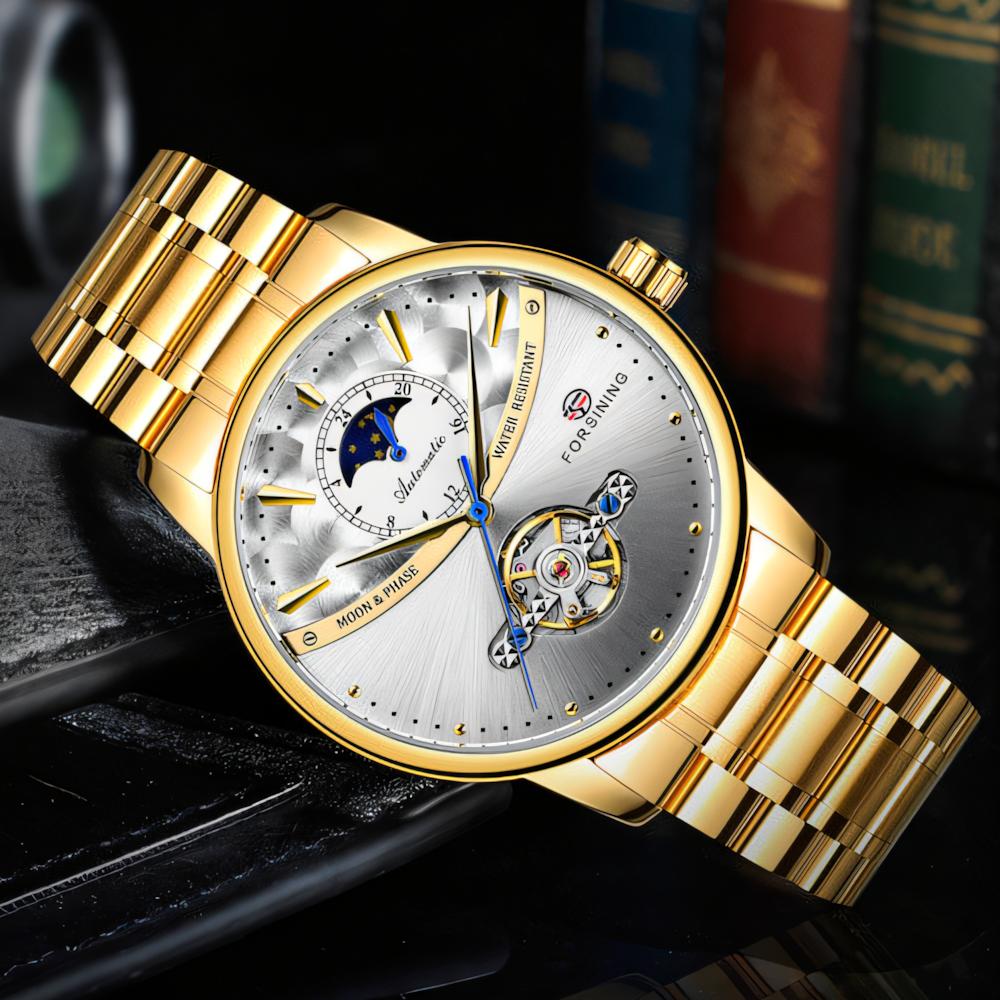 FORSINING Men's Moon Phase Tourbillon Watch Luxury Self-wind Mechanical Automatic Waterproof Retro Watches Stainless Steel Band Wristwatch