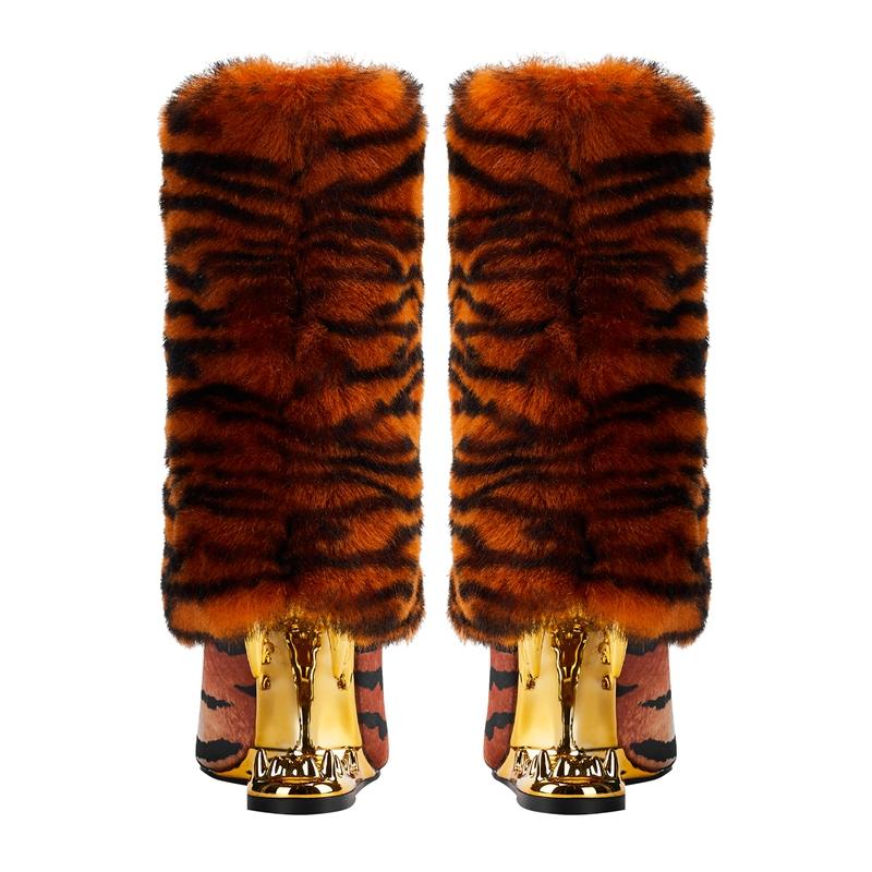 Fashion Kaky's New Fur Boots Tiger Print Leopard Print Pointed Toe Large Irregular Heel Short Boots for Women