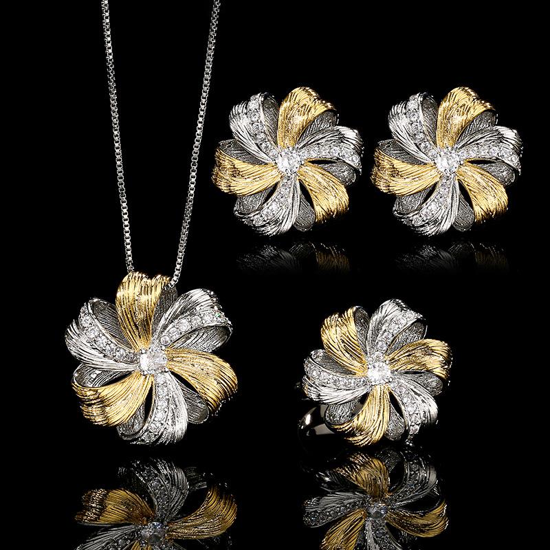 New Set Of Jewelry Necklace Earring Ring Retro French Brushed Inlaid Versatile Fashionable Women's